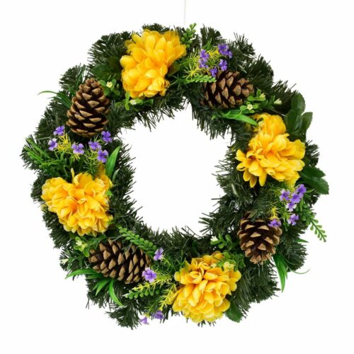 Halászcsésze koszorú sárga krizantémokkaldíszítve