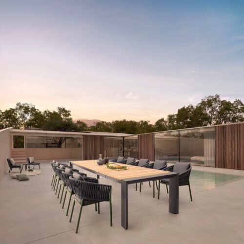 CAMERON szürke teakfa kerti étkezőasztal 253-319-384cm