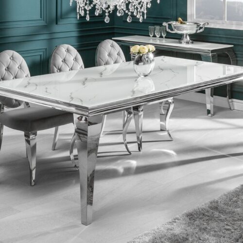 MODERN BAROCK fehér üveg márványmintás étkezőasztal 200x105x75